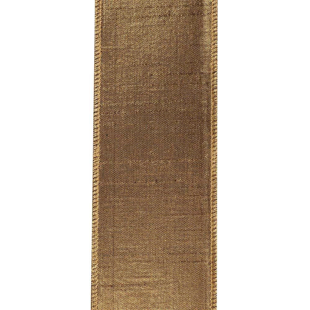 Dupioni shimmer fused copper metallic backed wired edge ribbon with a textured finish.