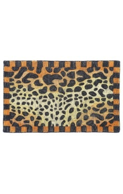 Rectangular Cheetah print indoor/outdoor rug with a black and orange striped border.