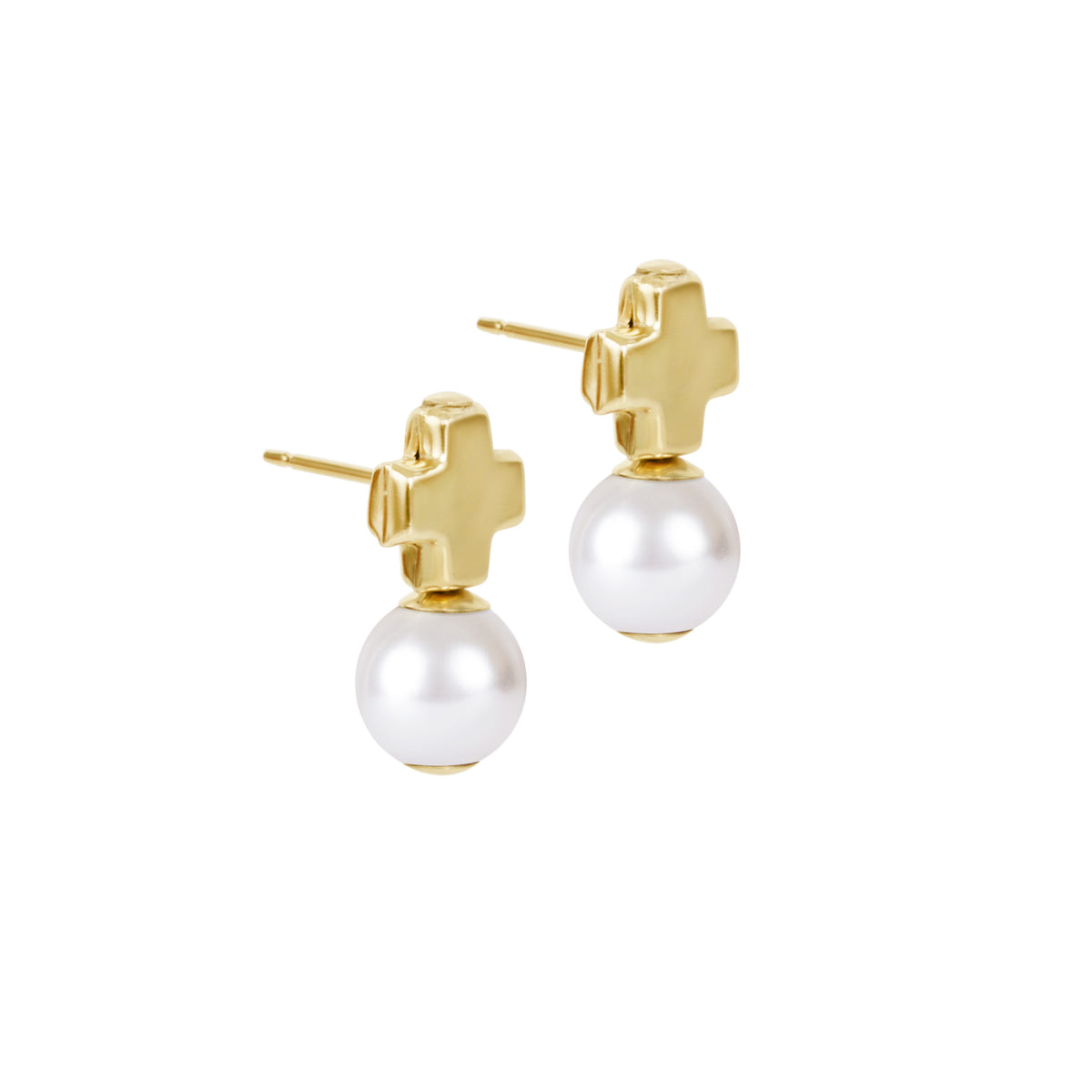 Signature small gold cross stud earrings with classic white crystal pearl drops.