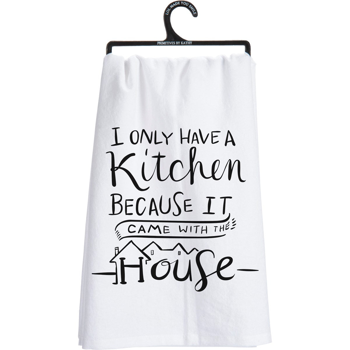 Black cotton kitchen towel with white text reading 'Remember As Far As Anyone Knows We Are A Nice & Normal Family'