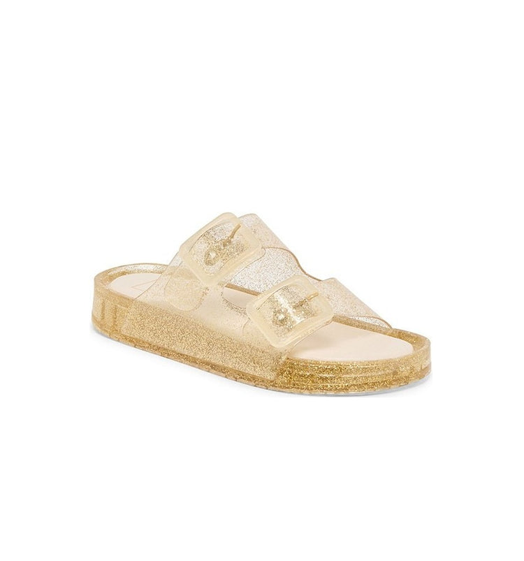 Gold glitter Julio Sandals with two adjustable buckle straps and a 1.3-inch platform sole.