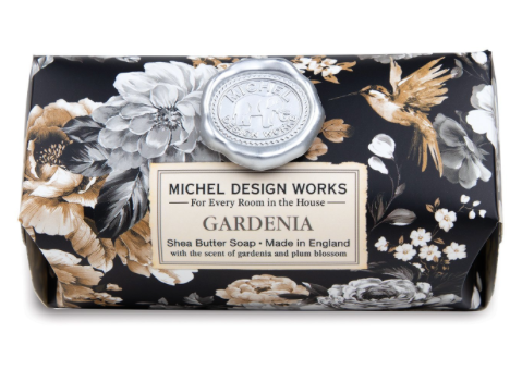 Michel Design Works Gardenia shea butter soap bar in black floral packaging with a silver seal.