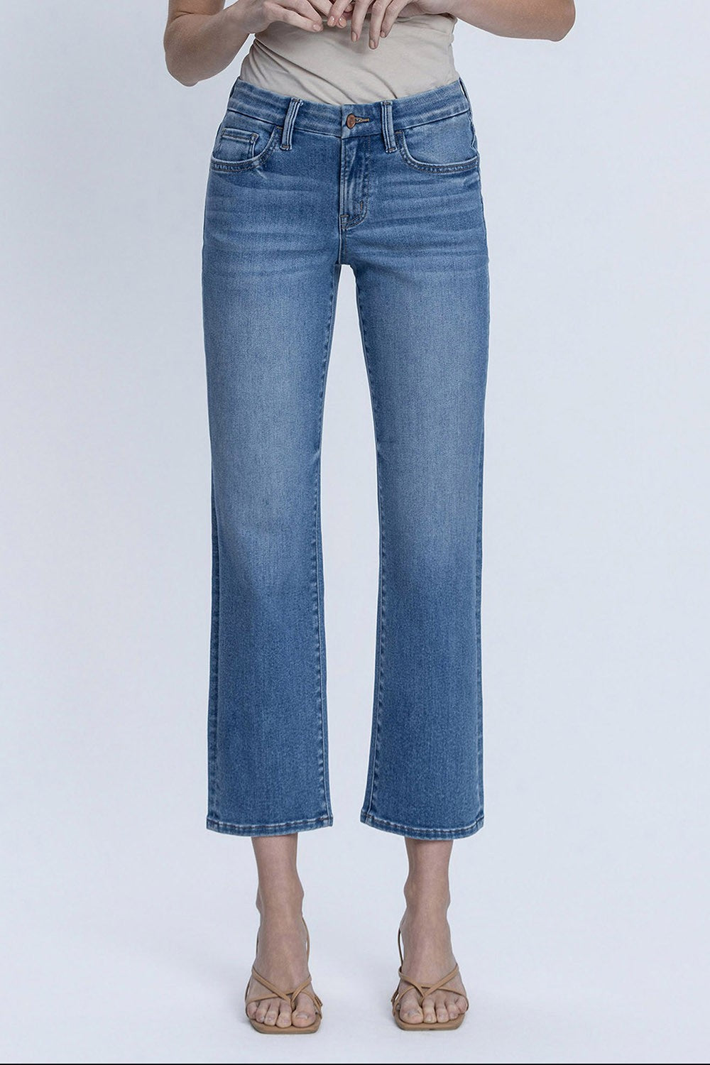 Delilah mid-rise straight jeans in medium dark wash with comfort stretch denim fabric.