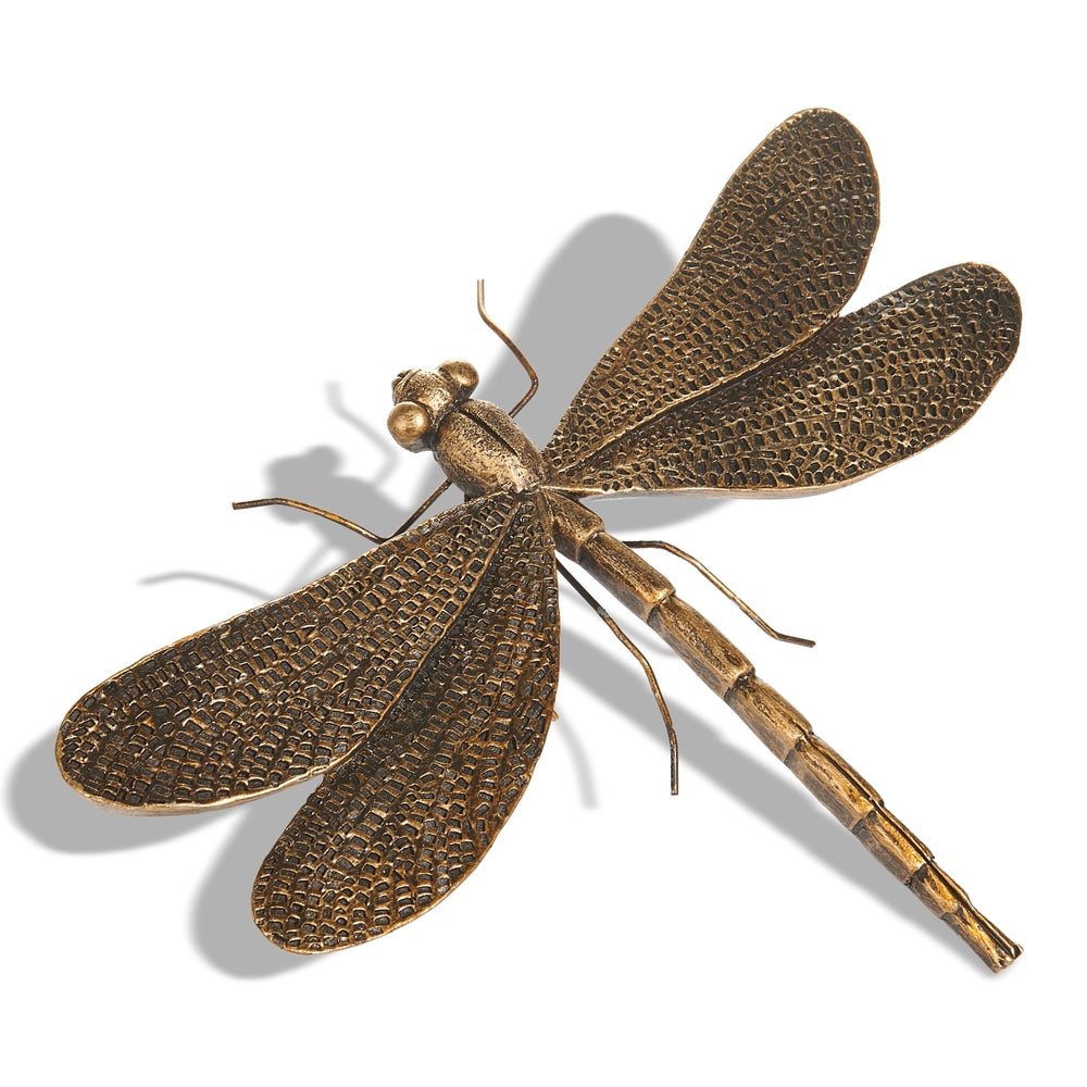 Antique gold dragonfly ornament made from natural stone powder measuring 6.75 inches long.