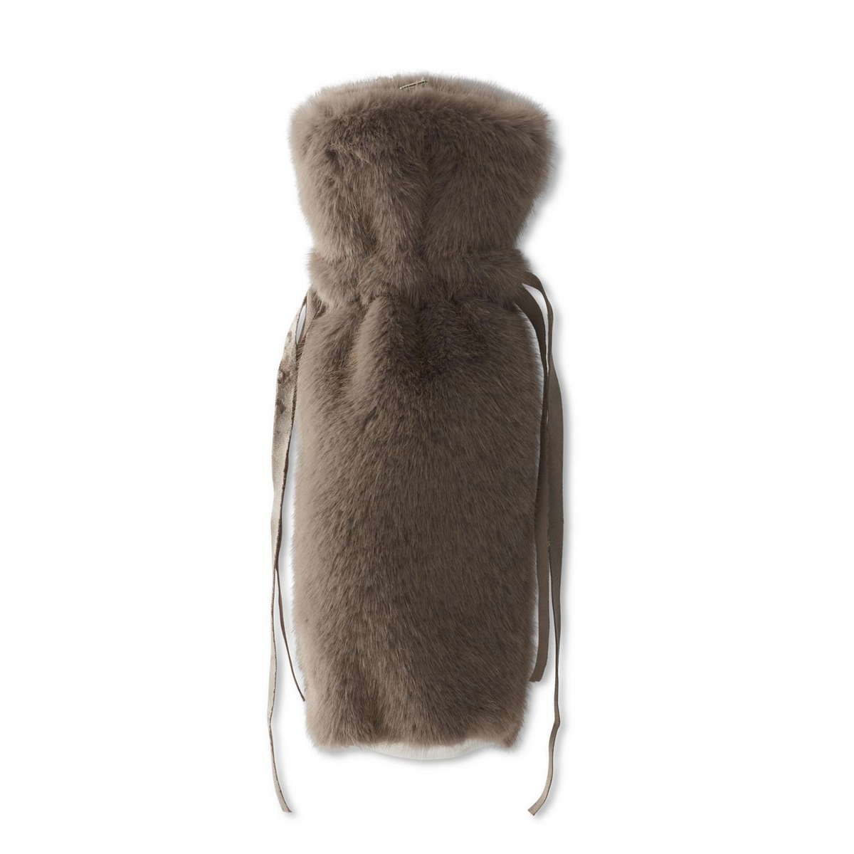 12-inch brown vegan faux fur wine bag with matching drawstring ties.
