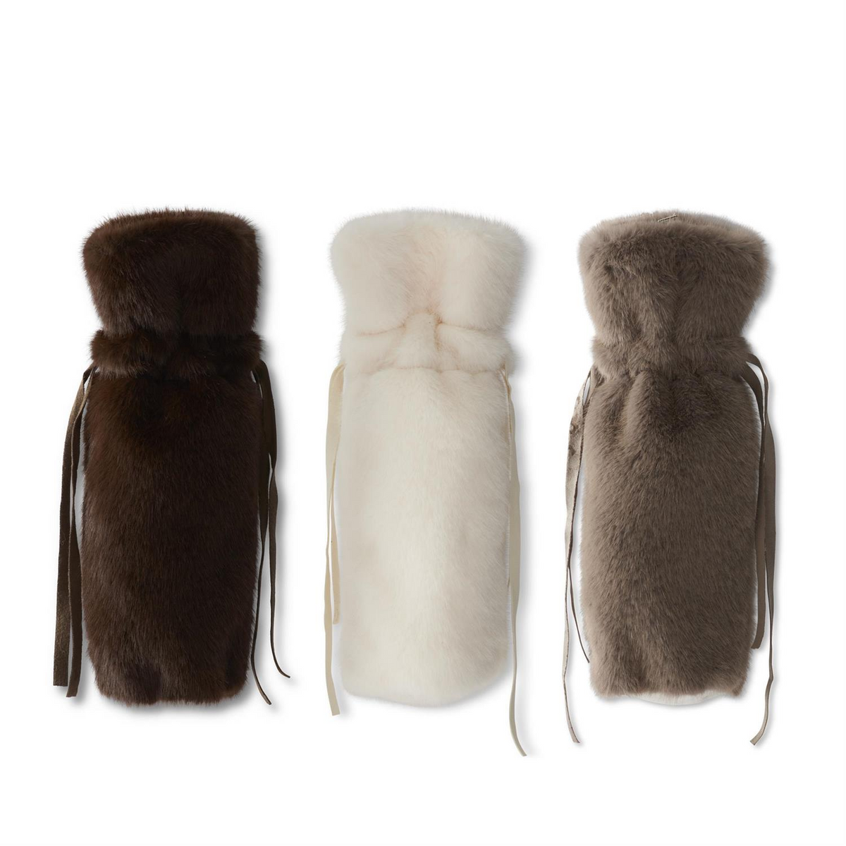 Three 12-inch vegan faux fur wine bags in dark brown, cream, and taupe with ribbon ties.