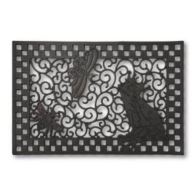 Handmade rubber entrance mat with a natural frog shape in earthy tones.