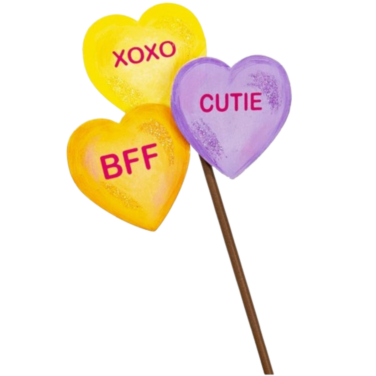 Talking Triple Heart Stakes: three heart-shaped stakes with a triple-heart pattern.