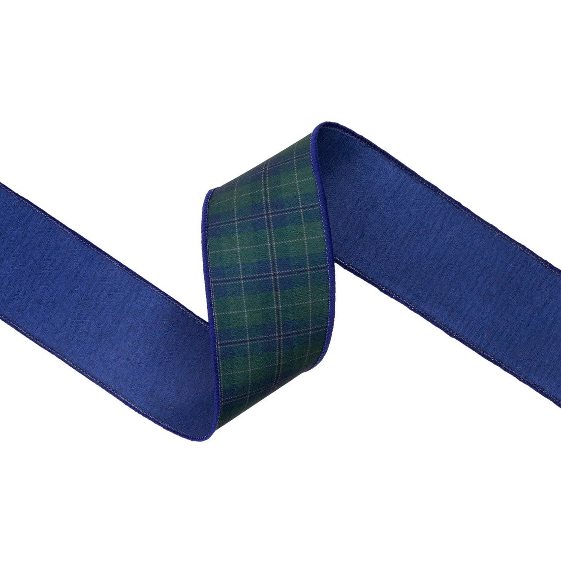 2.5 inch wired dupioni ribbon featuring a blue and green plaid front and solid blue backing.