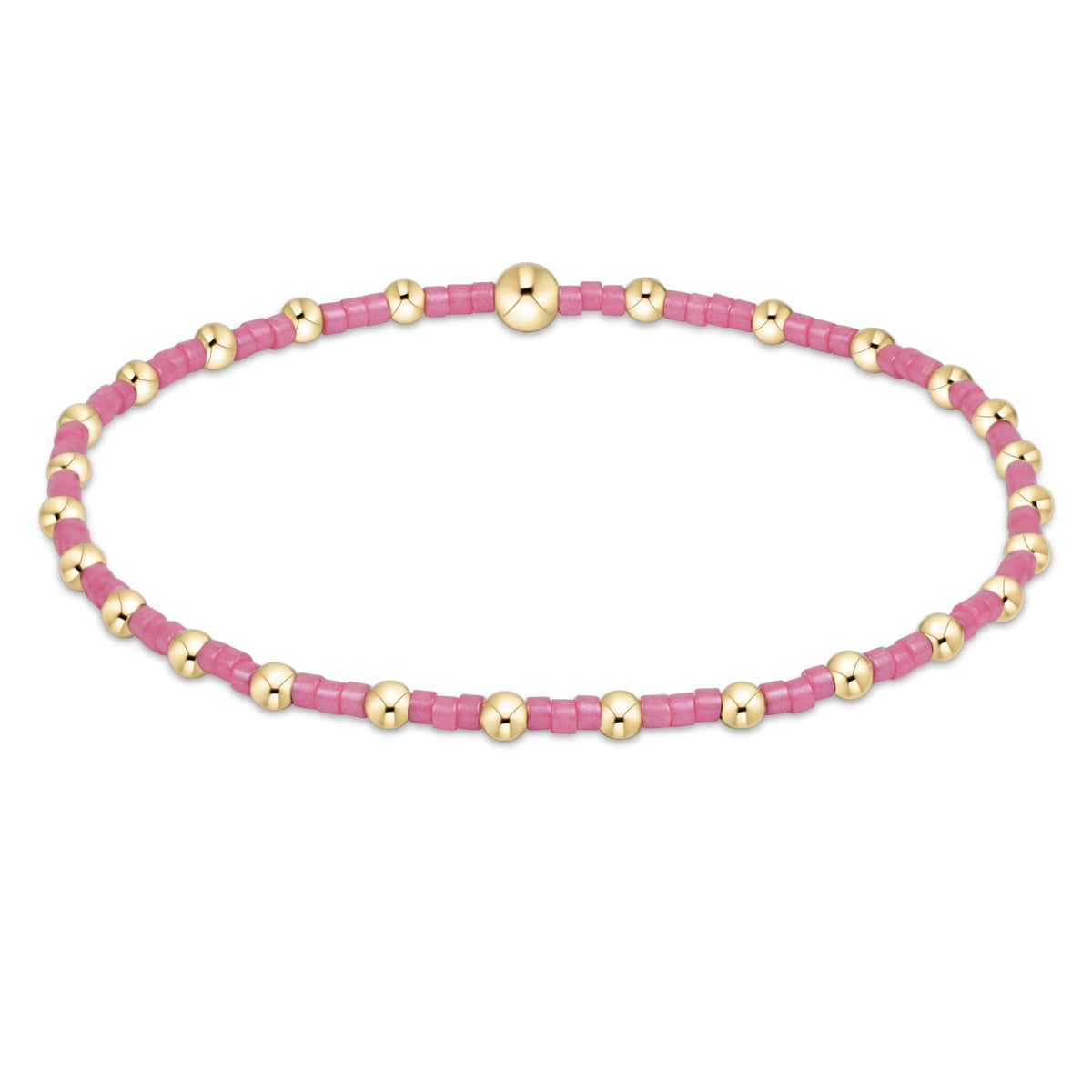 Hope Sincerity Bracelet with pink seed beads and 14kt gold-filled beads on elastic.