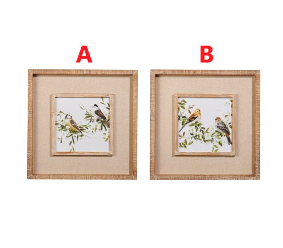 Framed wall art featuring a wood-mounted print with paper birds perched on a linen-textured branch.