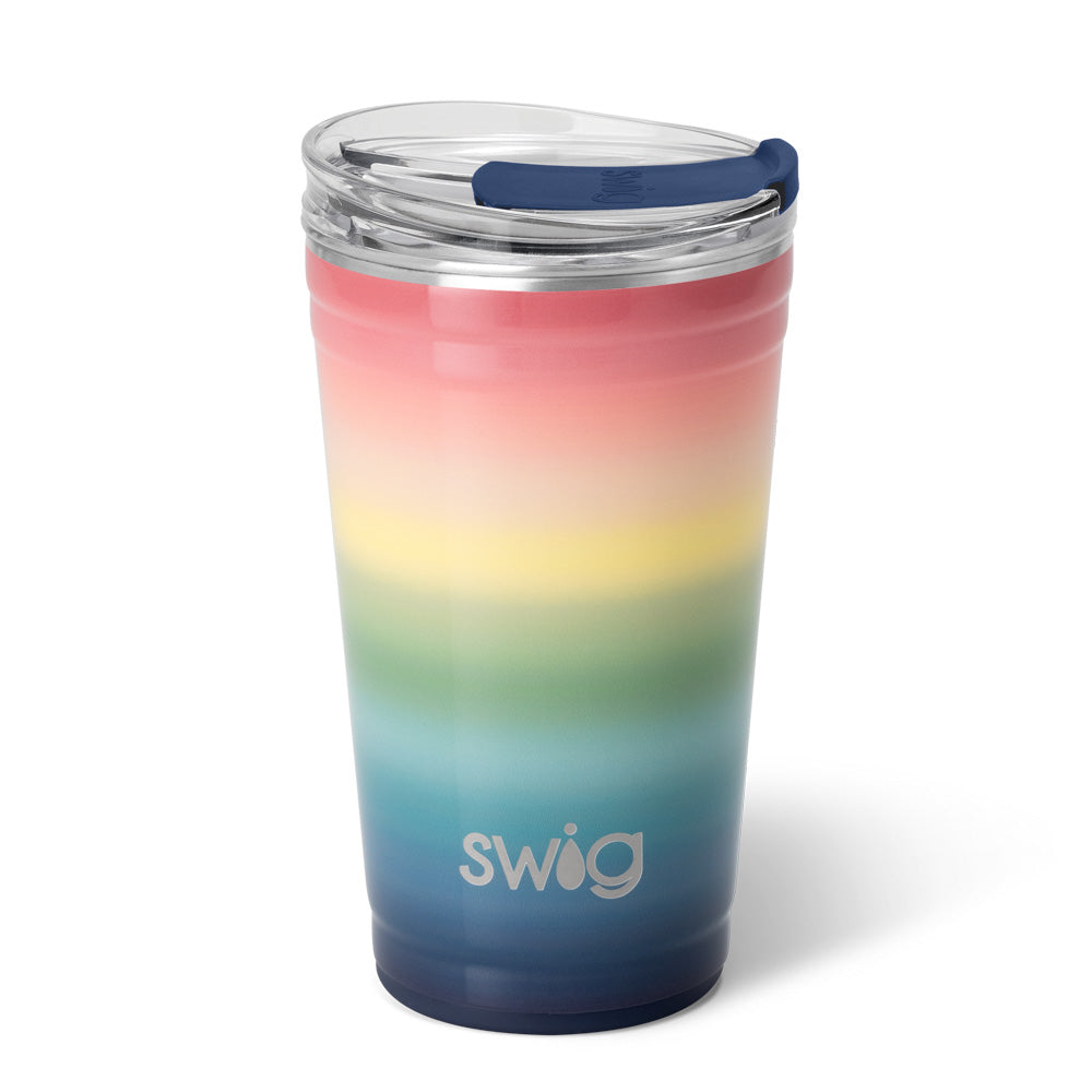 24oz insulated stainless steel party cup with a rainbow gradient finish and a blue slider lid.