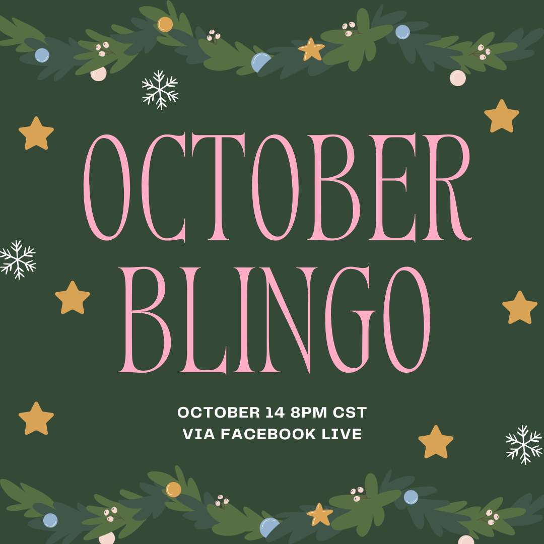 October Blingo event graphic for October 14 at 8PM CST via Facebook Live with festive decorations.