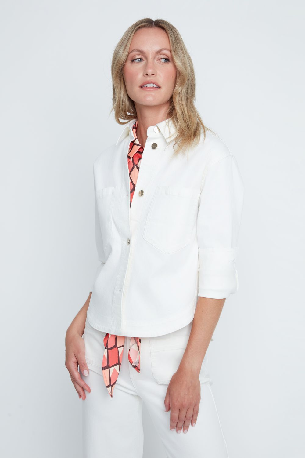 Sylvia woven jacket in a neutral tone featuring cotton-tencel blend fabric with a relaxed silhouette and button closure.