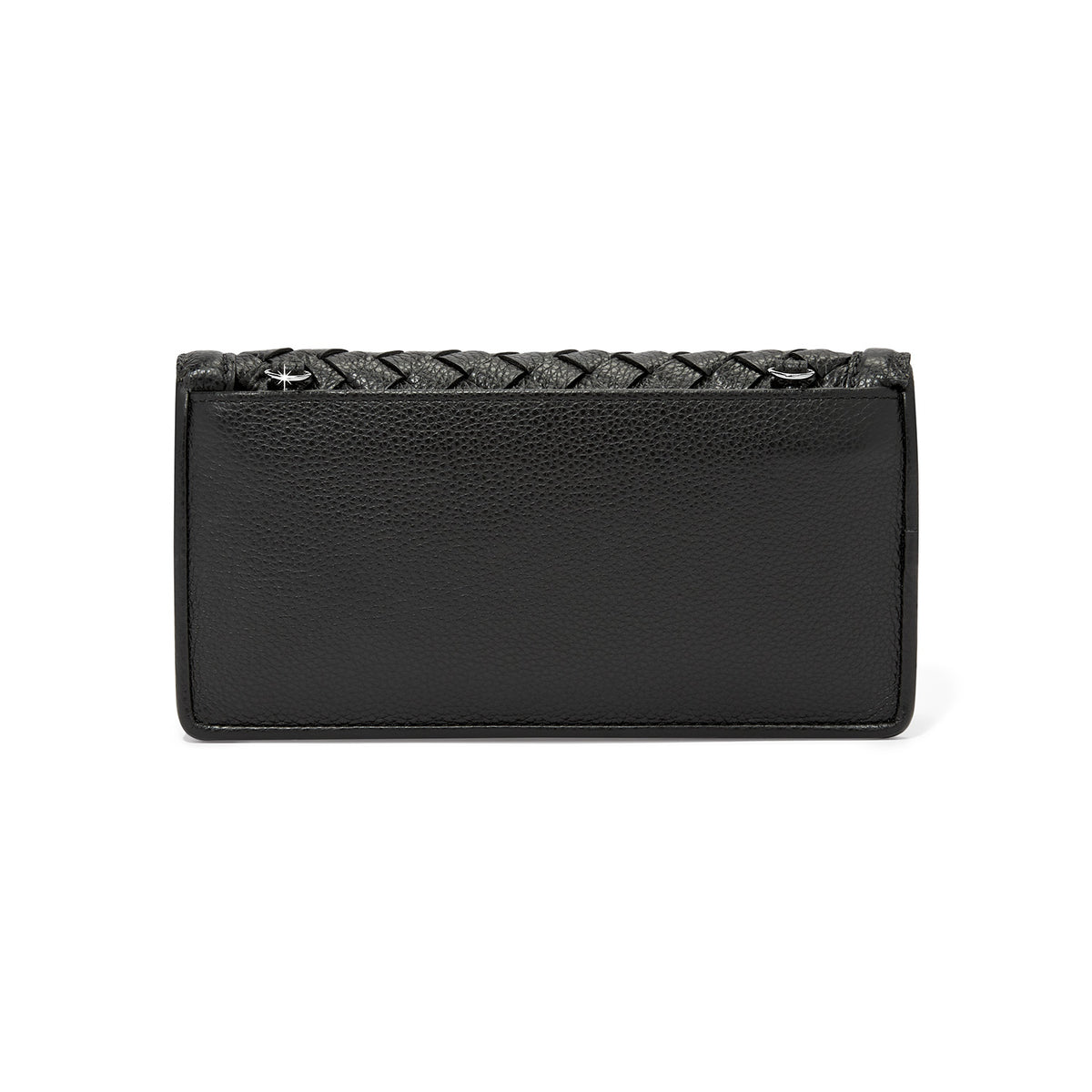 Back view of the black leather Interlok Braid Rockmore Wallet with an exterior slip pocket.
