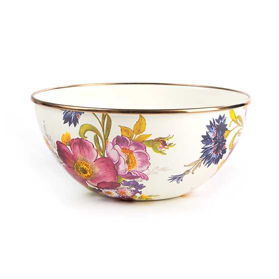Flower Market Small Everyday Bowl with hand-applied botanical transfers and bronzed steel rim.