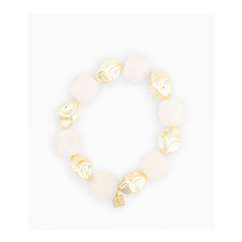 Lyla Bracelet featuring alternating gold-tone organic shapes and smooth white square beads.