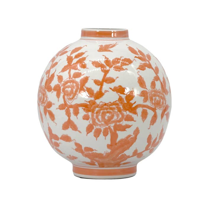 12-inch white ceramic globe vase with orange Chinoiserie floral and bird motifs.