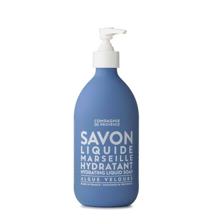 Compagnie de Provence Liquid Marseille Soap Velvet Seaweed in a 16.7 fl oz blue glass pump bottle.