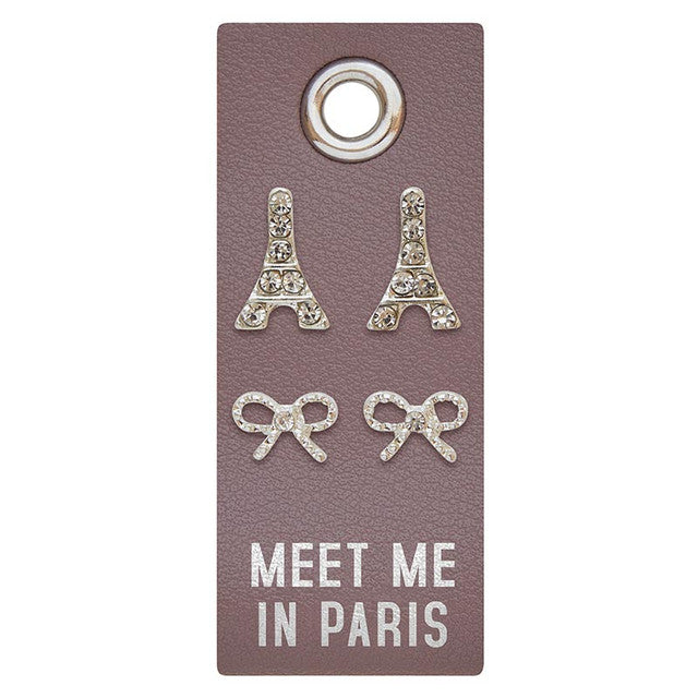 Silver stud earrings with a rectangular PU leather tag featuring rhinestone accents.