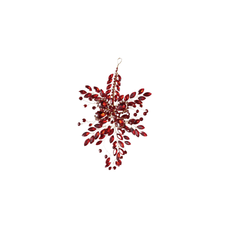 Red acrylic and wire jeweled ornament with zircon accents in a floral spray design.