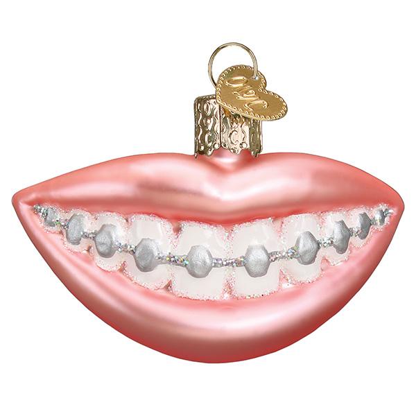 Pink glass lips ornament featuring white teeth with silver glittery braces and a gold hanging loop.