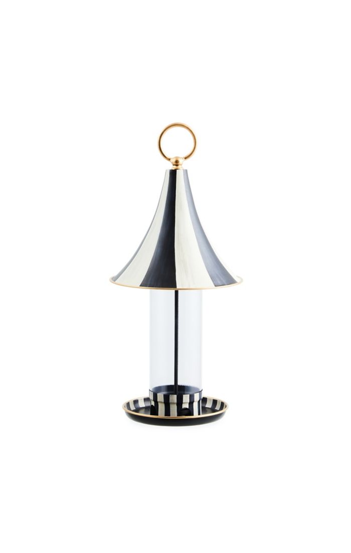 Courtly bird feeder with a black and white striped roof, clear acrylic tube, and gold ring handle.