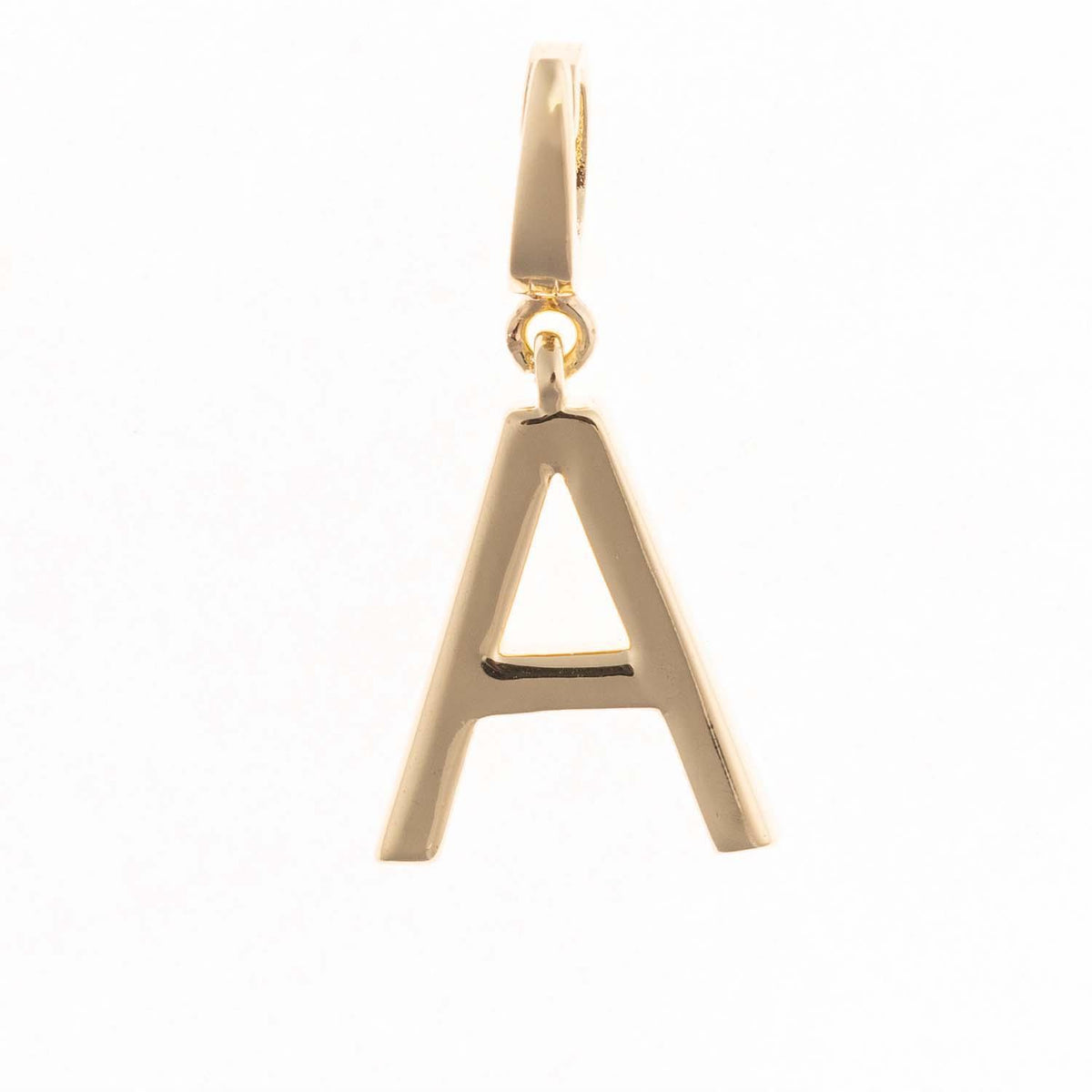 18k gold plated letter A charm with a clasp for a chain.