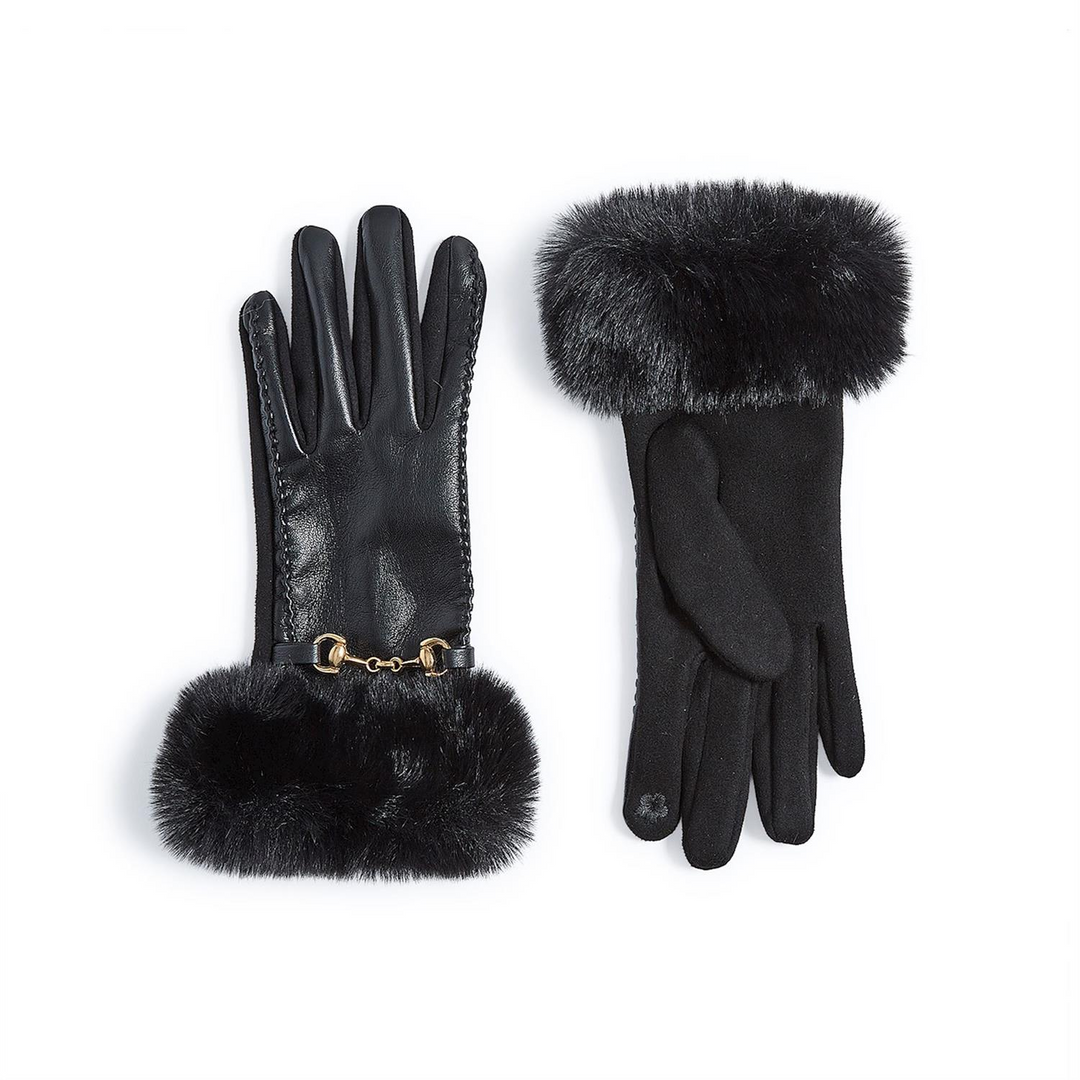 Black vegan leather gloves with faux fur cuffs, gold metal hardware, and touchscreen fingertips.