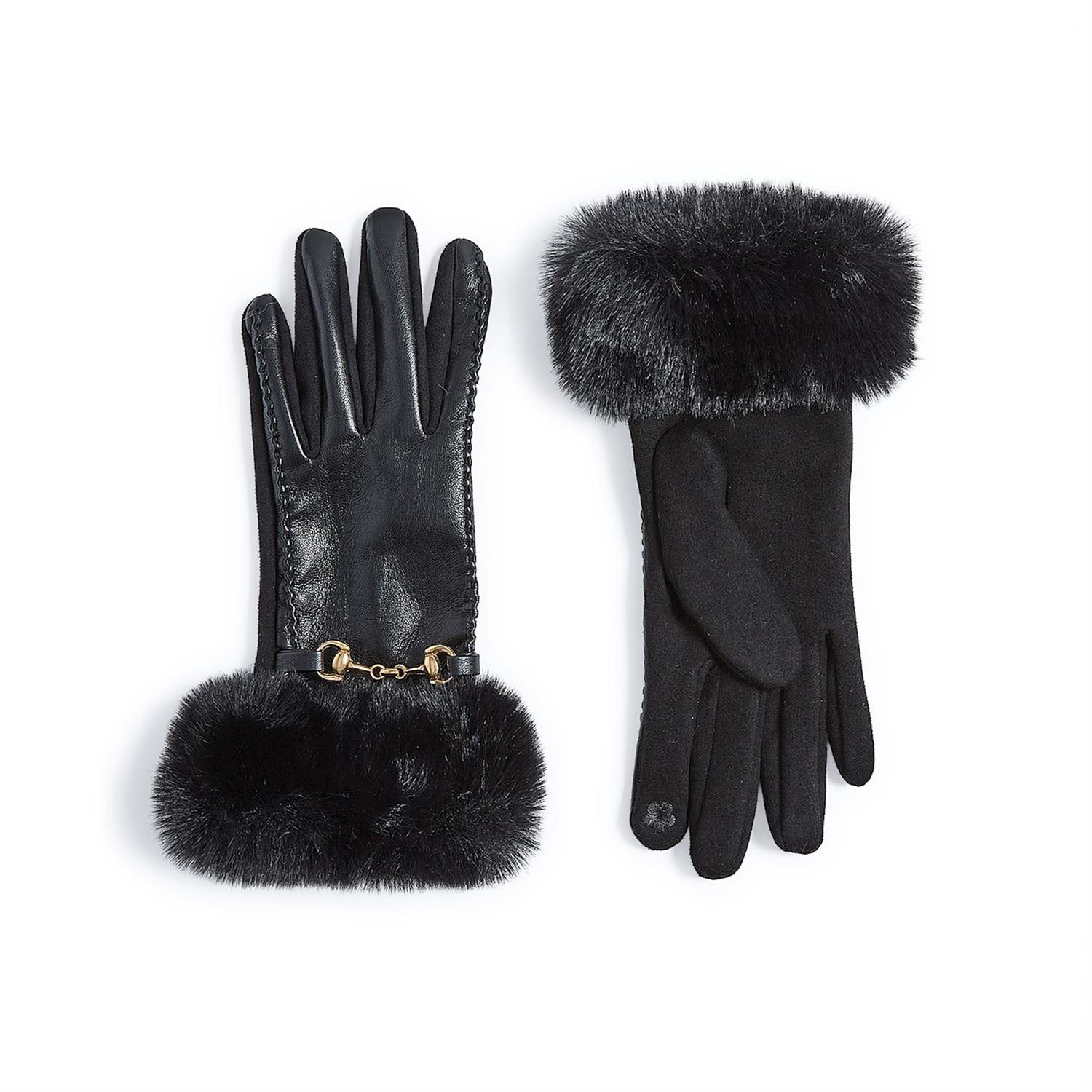 Black vegan leather gloves with faux fur cuffs, gold metal hardware, and touchscreen fingertips.