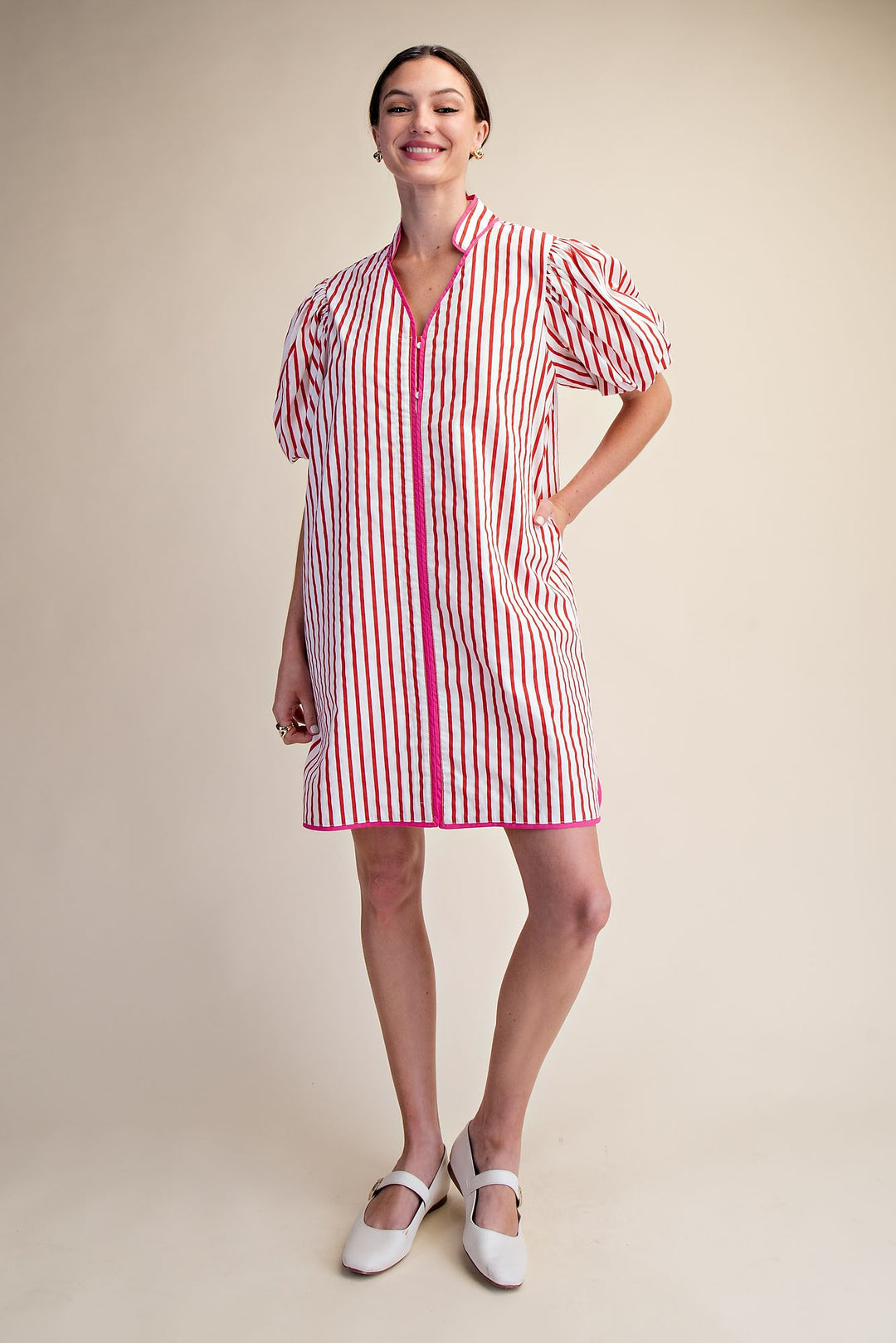 Aliyah Collar Neck Puff Sleeve Stripe Mini Dress