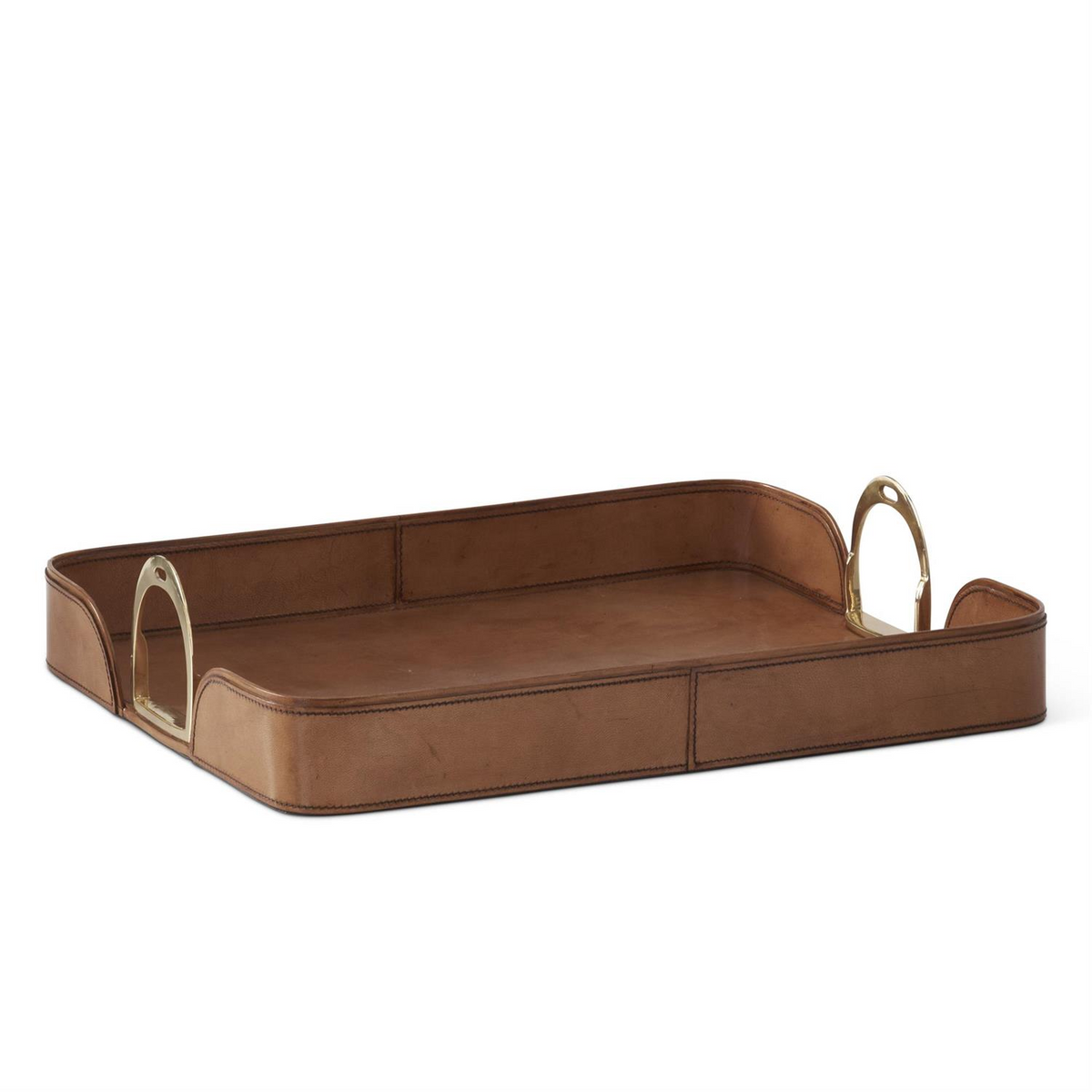 Rectangular brown leather tray with high sides and two upright brass handles.