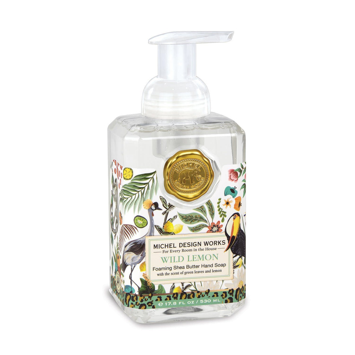 Spring Foaming Soap in a clear bottle with white liquid.