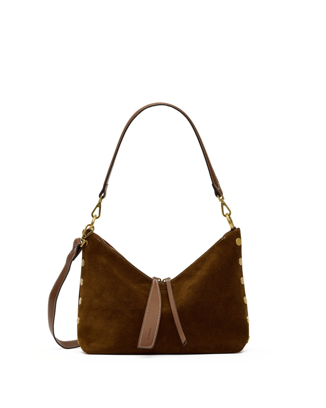 Grace Med Bag in brown suede with V-shaped top, gold rivets, and detachable leather straps.