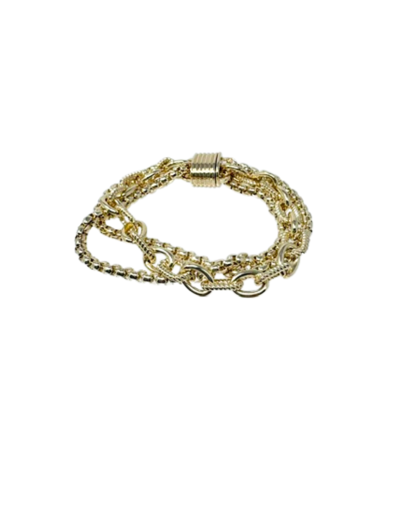 Gold multi-strand bracelet featuring mixed chain styles and a ribbed barrel clasp.