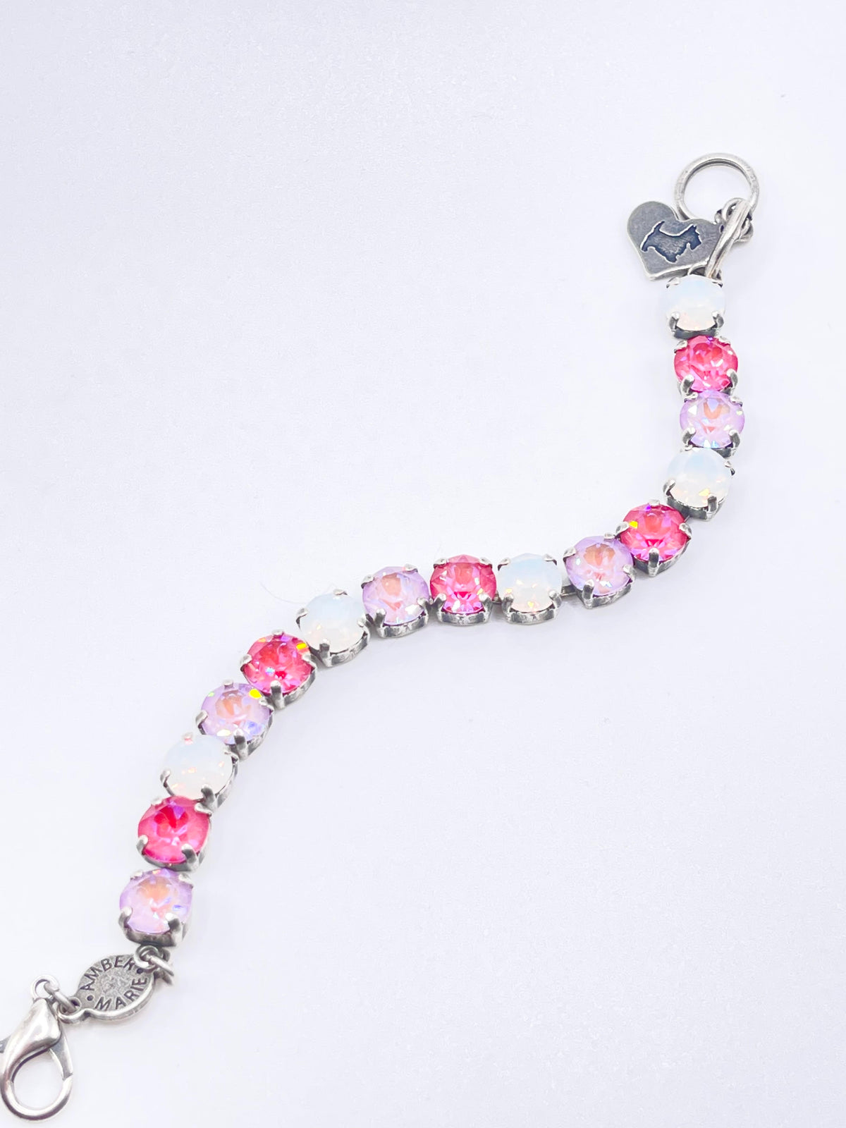 Classic Malibu bracelet featuring lavender, lilac, white, and light green stones with an amber tag and Scotty dog heart charm.
