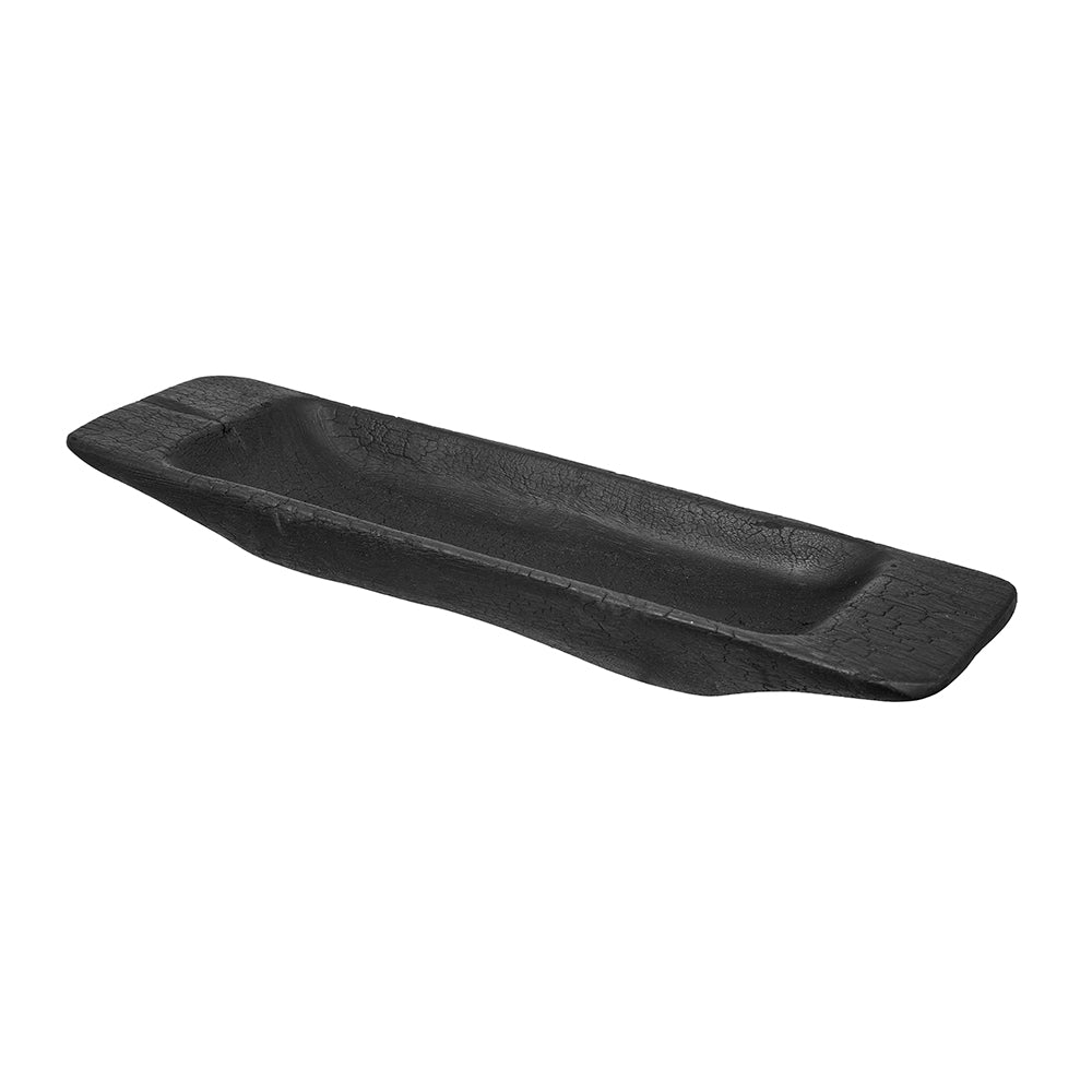 Long, rectangular hand-carved black teak wood tray with a charred, textured finish.