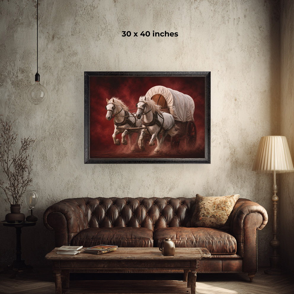 OU Lifestyle Print DS: 30x40 inch framed art of white horses pulling a wagon over a leather sofa.