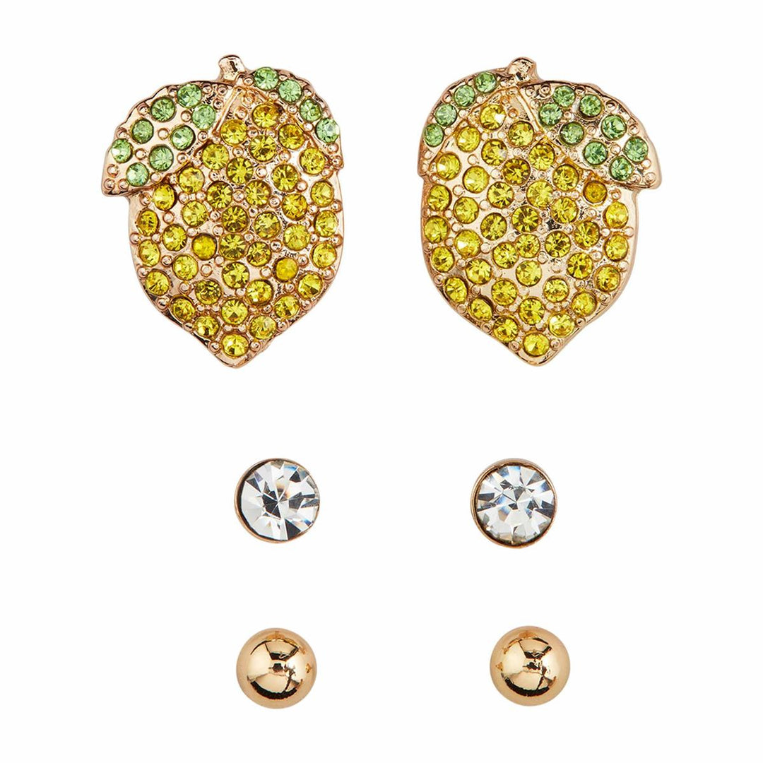 Three pairs of Summer Icon Earrings including lemon shapes, clear crystals, and gold-tone studs.