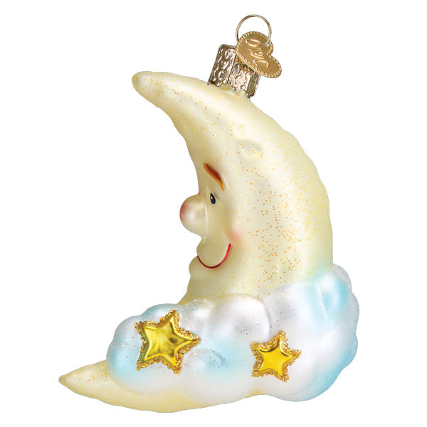 Mister Moon glass ornament featuring a smiling crescent moon resting on a blue and white cloud.