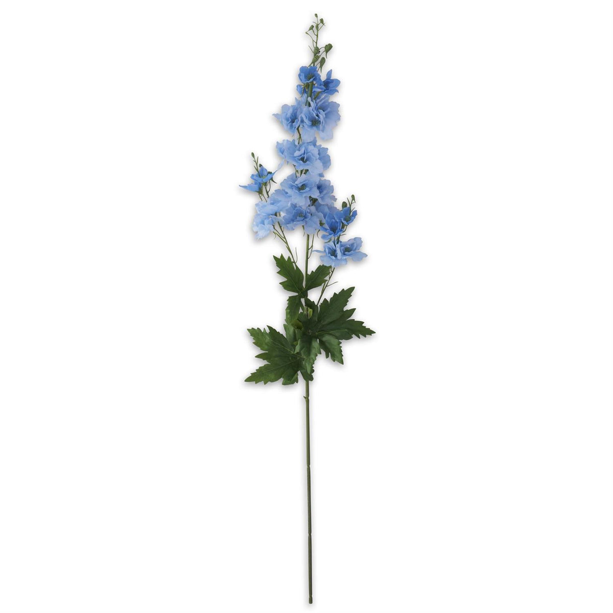 36-inch tall artificial delphinium stem with three shoots in blue fabric flowers on wire structure