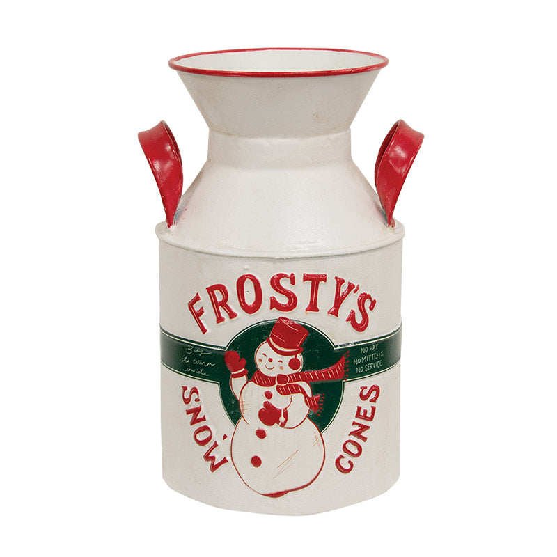 Frosty's Snow Cones distressed white metal milk can with red handles and a snowman graphic.