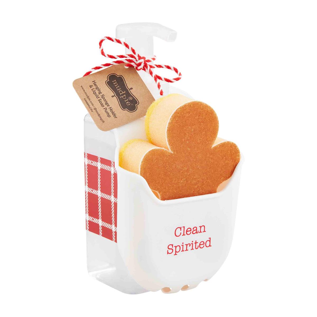 Silicone Christmas soap caddy holding a bar of soap with hanging sponge.