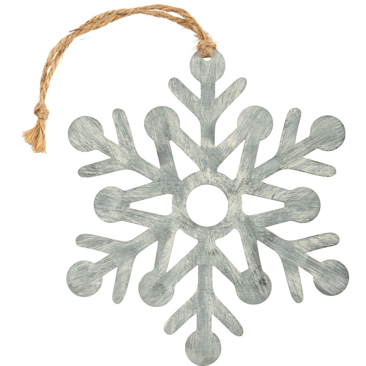 Metal snowflake hanging decor suspended from a natural jute string.