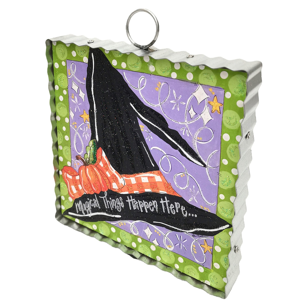 Mini art piece featuring a black witch's hat with a pumpkin and 'Magical Things Happen Here' text.
