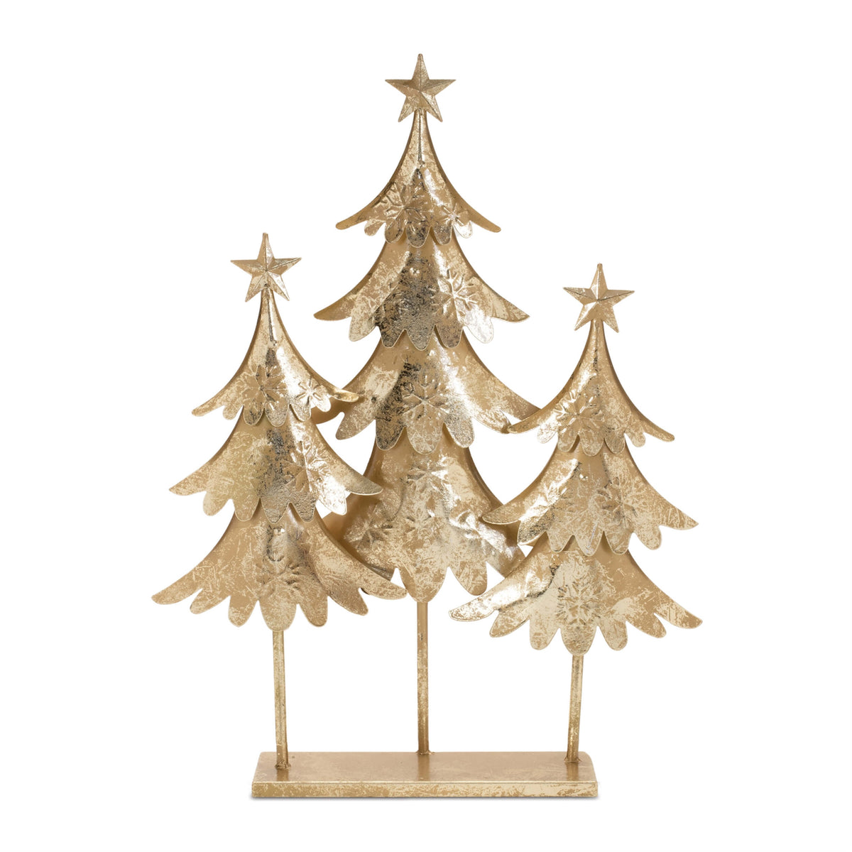 Three gold metal Christmas tree figurines with star toppers on a rectangular base.