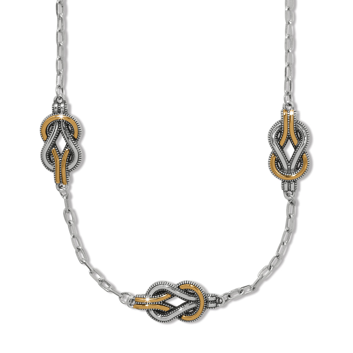Two-tone silver-gold Interlok Harmony Trio necklace with lobster claw closure