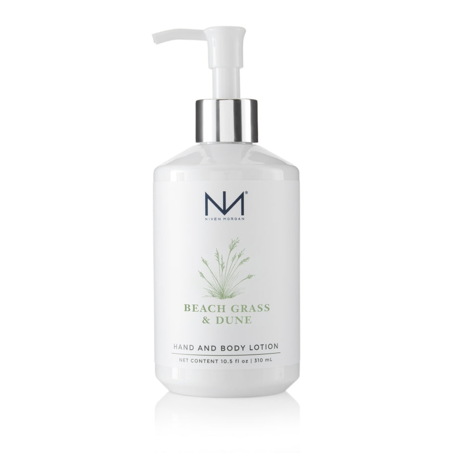 Niven Morgan Beach Grass & Dune Hand and Body Lotion in a 10.5 fl oz white pump bottle.