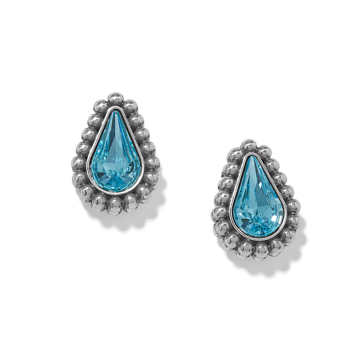 Twinkle Luxe Teardrop Post Earrings with silver-plated beaded borders and blue crystals.