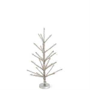 Pewter tinsel tree with beaded tips on MDF stand